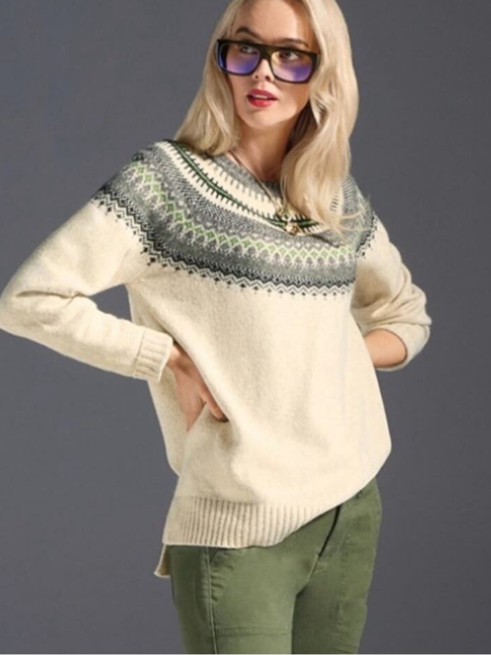 Cabi Fair Isle Knit Sweater Womens Medium Cream Green Gray